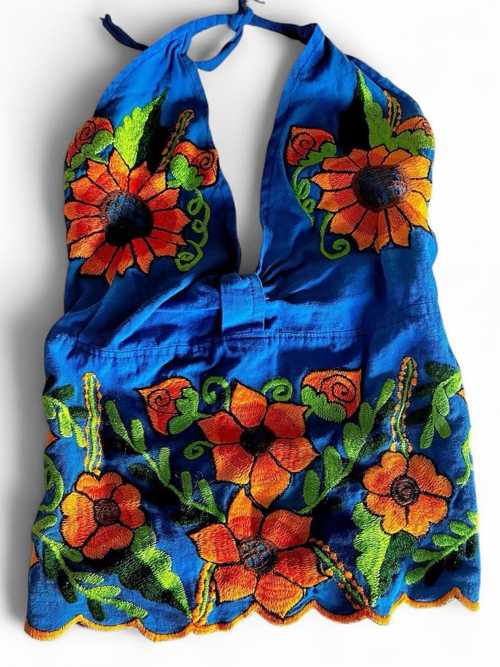 Embroidered Blue Halter Top with Orange Floral Design